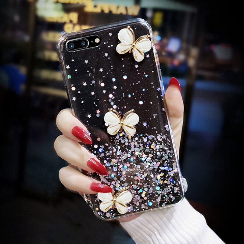 For 8 Plus/7 Plus back cover luxury 3D shiny rhinestone butterfly glitter sequins starry girl case clear soft TPU silicone protective mobile phone case. 