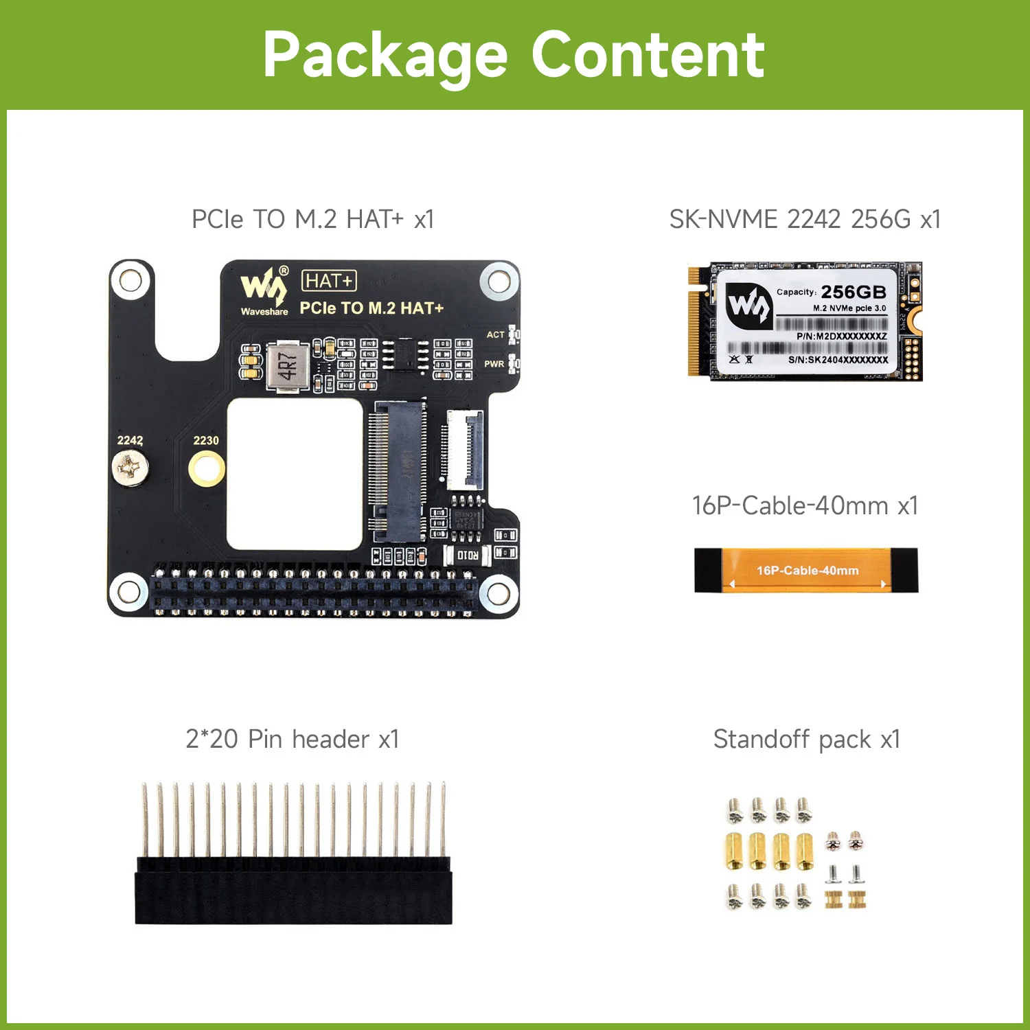 Waveshare PCIe To M.2 Adapter for Raspberry Pi 5, Supports NVMe Protocol M.2 Solid State Drive, Options for 128GB/256GB SSD. 