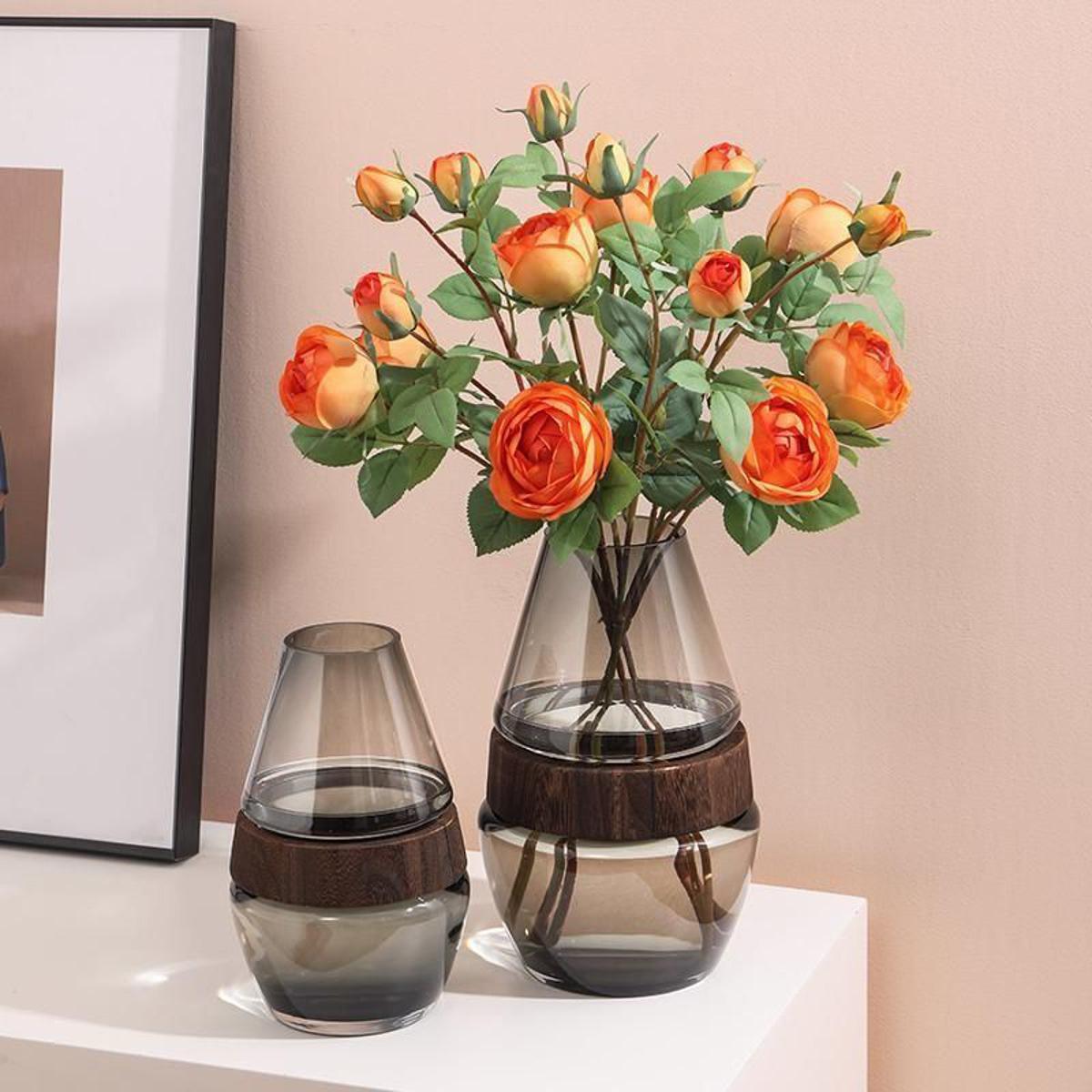 Creative Simple Wooden Pallet Glass Vase Contorted Willow Primary Color Decoration Aquatic Flowers Rose Flower Arrangement in Living Room and Dining Table Decoration