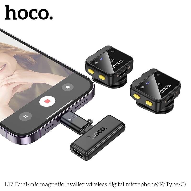Hoco L17 wireless digital microphone dual magnetic lapel microphone (iP/Type-C). 