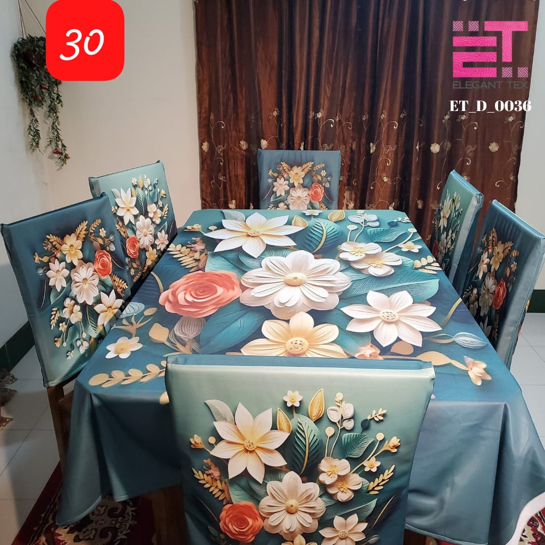 3d প্রিন্ট ডাইনিং টেবিল ক্লথ রানার এবং 06 পিস চেয়ার কভার সম্পূর্ণ সেট বিভিন্ন রঙের. 