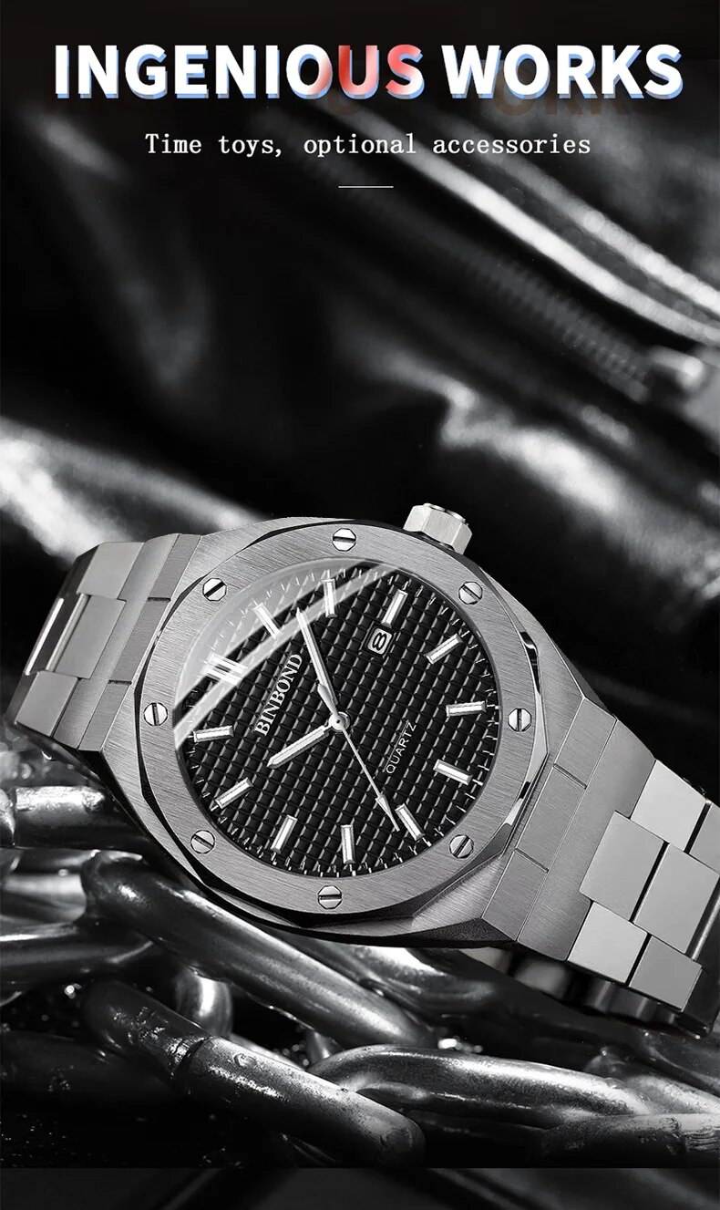 BINBONG B0233 Fashion Casual Men Watches Big Dial Silver Stainless Steel Calendar Quartz Wristwatch Classic Top Brand Male Clock. 