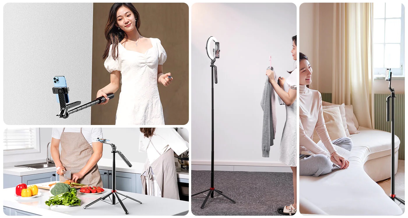 ULANZI MA09 Extendable Phone Tripod, 71" Selfie Stick Phone Vlog Tripod Stand Quadrapod with All in 1 Phone Clip, Travel Tripod Phone Holder with Rechargeable Remote. 