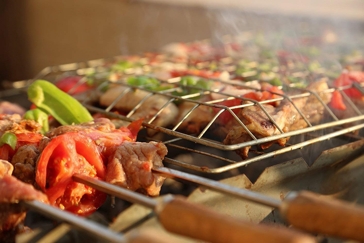 New Portable Barbecue BBQ Grill Net Basket Roast Grilling Tray Chromium Plated with Wooden Handle (Big). 