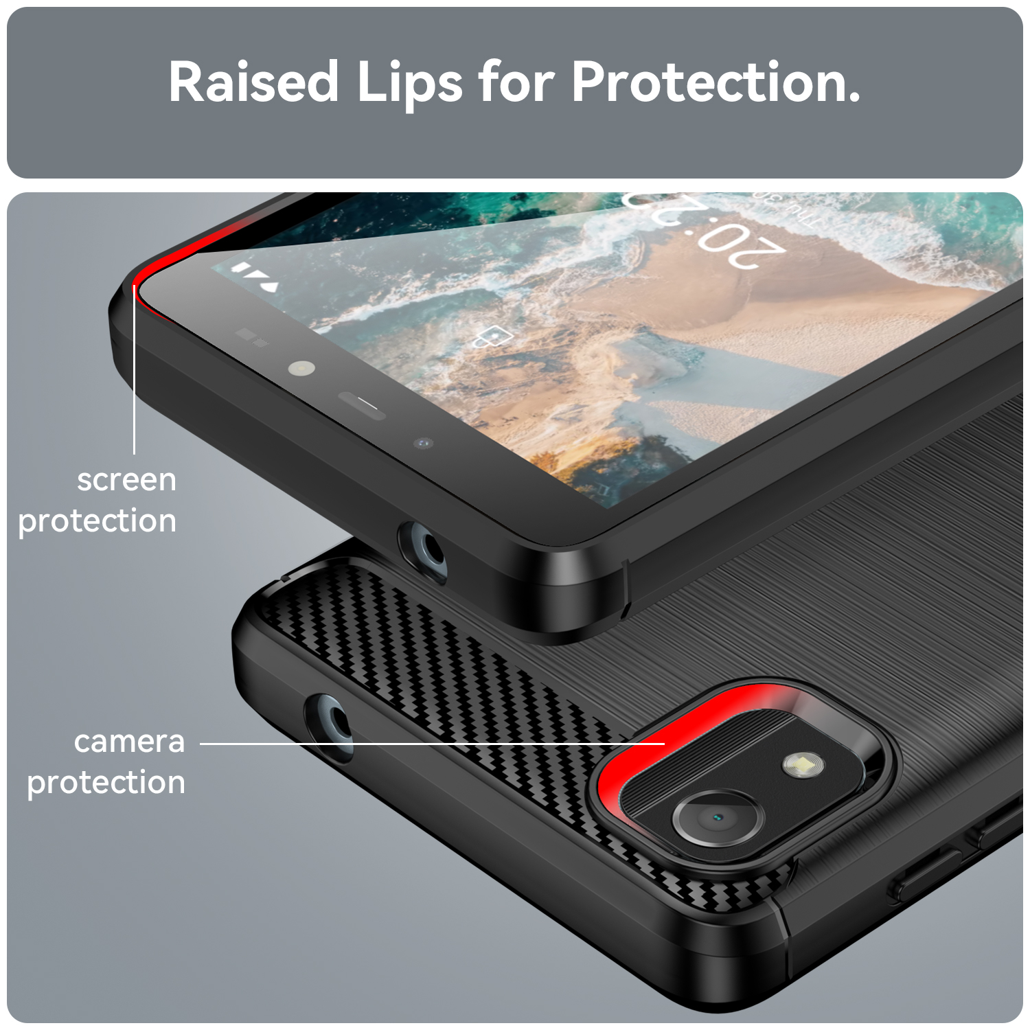 Nokia C2 2nd Edition Carbon Fiber Camera Protection Back Cover High Quality Soft Mobile Back Cover Black Color for Nokia C2 2nd Edition. 