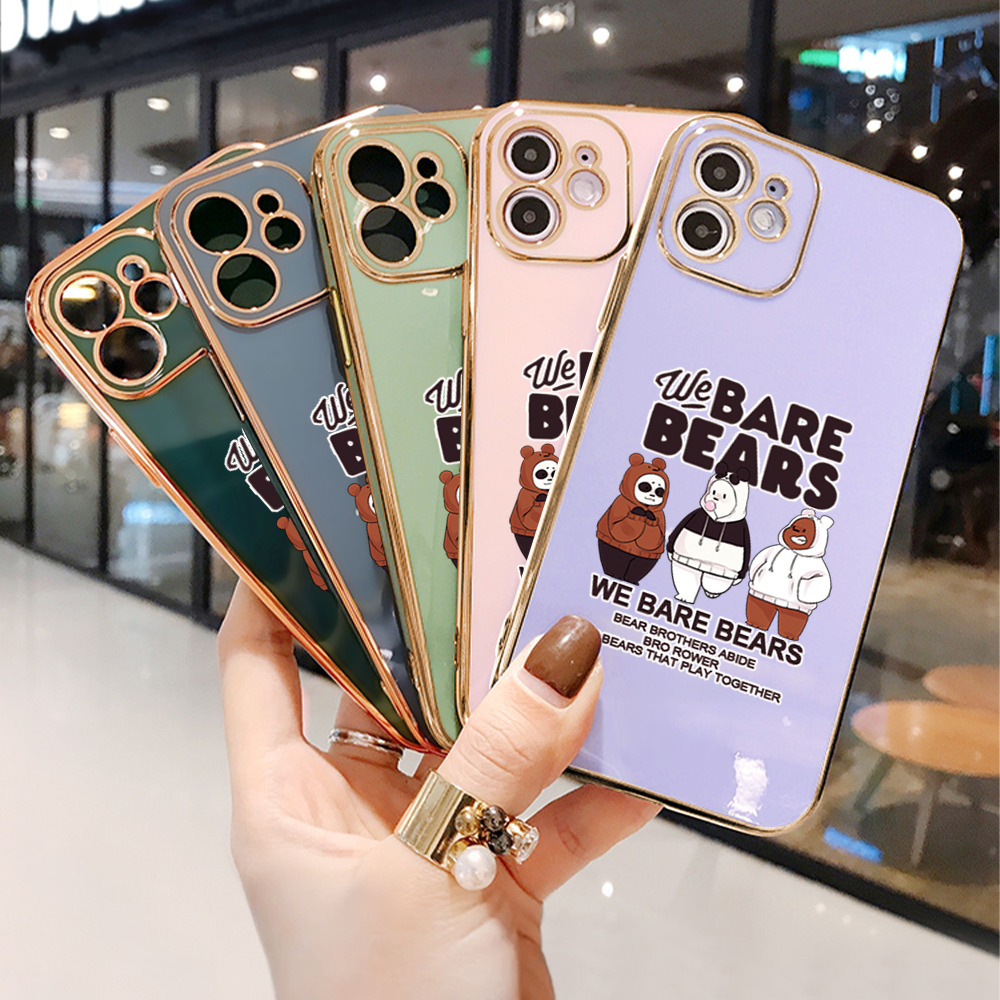 Luxury 6D Plating Case for Samsung A71 Three Little Bears Side Pattern Back Cover Soft Silicone Square Phone Cases + Free Lanyard. 