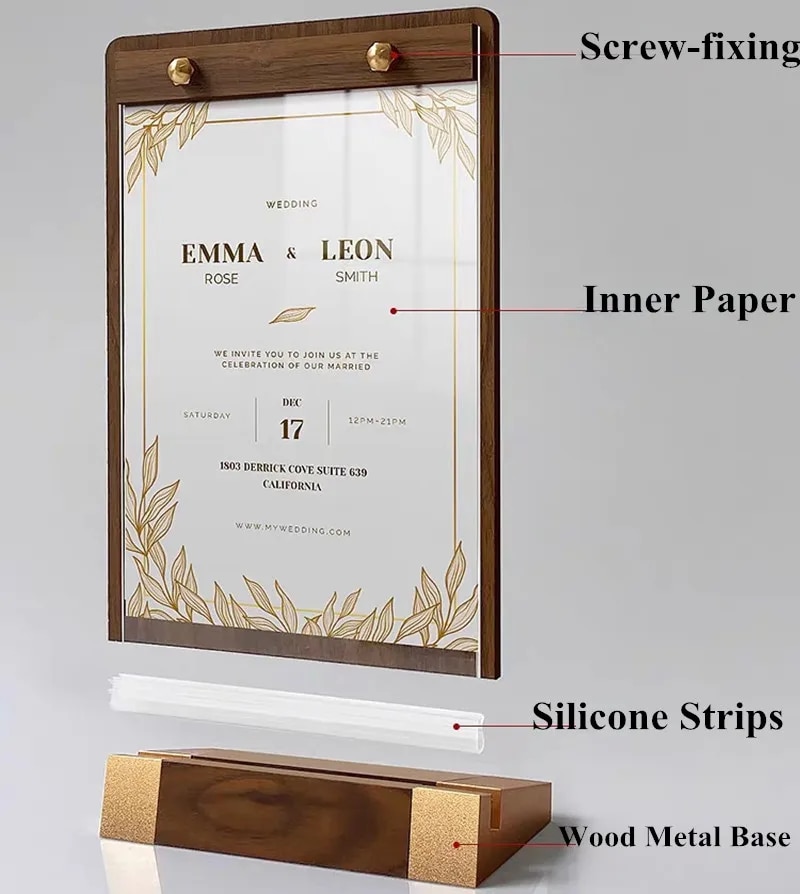 A4 210x297mm 8.5x11 Inch Acrylic Sign Holder Menu Paper Advertising Display Stand Wood Base Price List Label Poster Frame. 