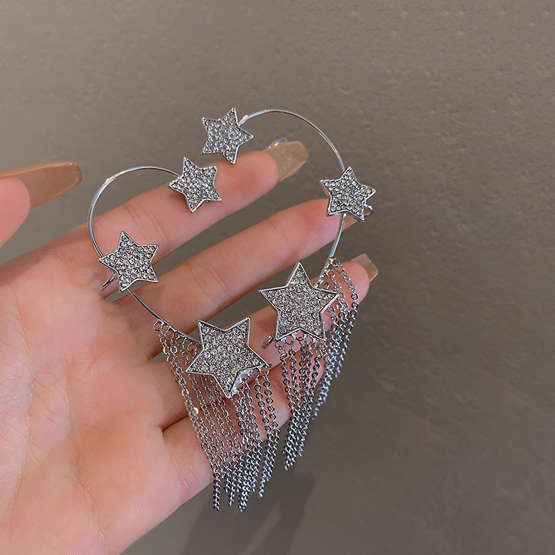 Korean high-end tassels, no ear piercings, ear hangings, women's ins, tide full of diamonds, star earrings, Internet celebrities, super flash earrings