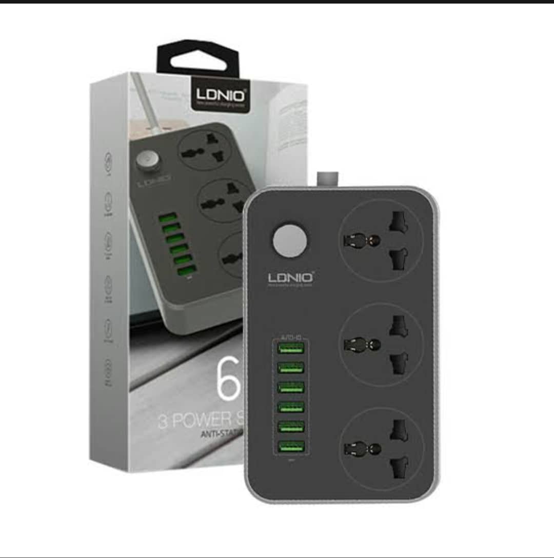 Ldino Power Strips 3 Socket with 6 USB Port For Charging - Dark Grey. 