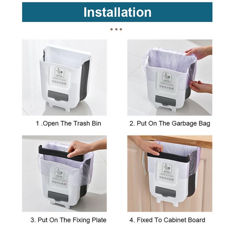 Collapsible Trash Folding Tras Can Small Hanging Kitchen Pressing Type Multipurpose Portable Kitchen Waste Bin With Garbage Bag. 