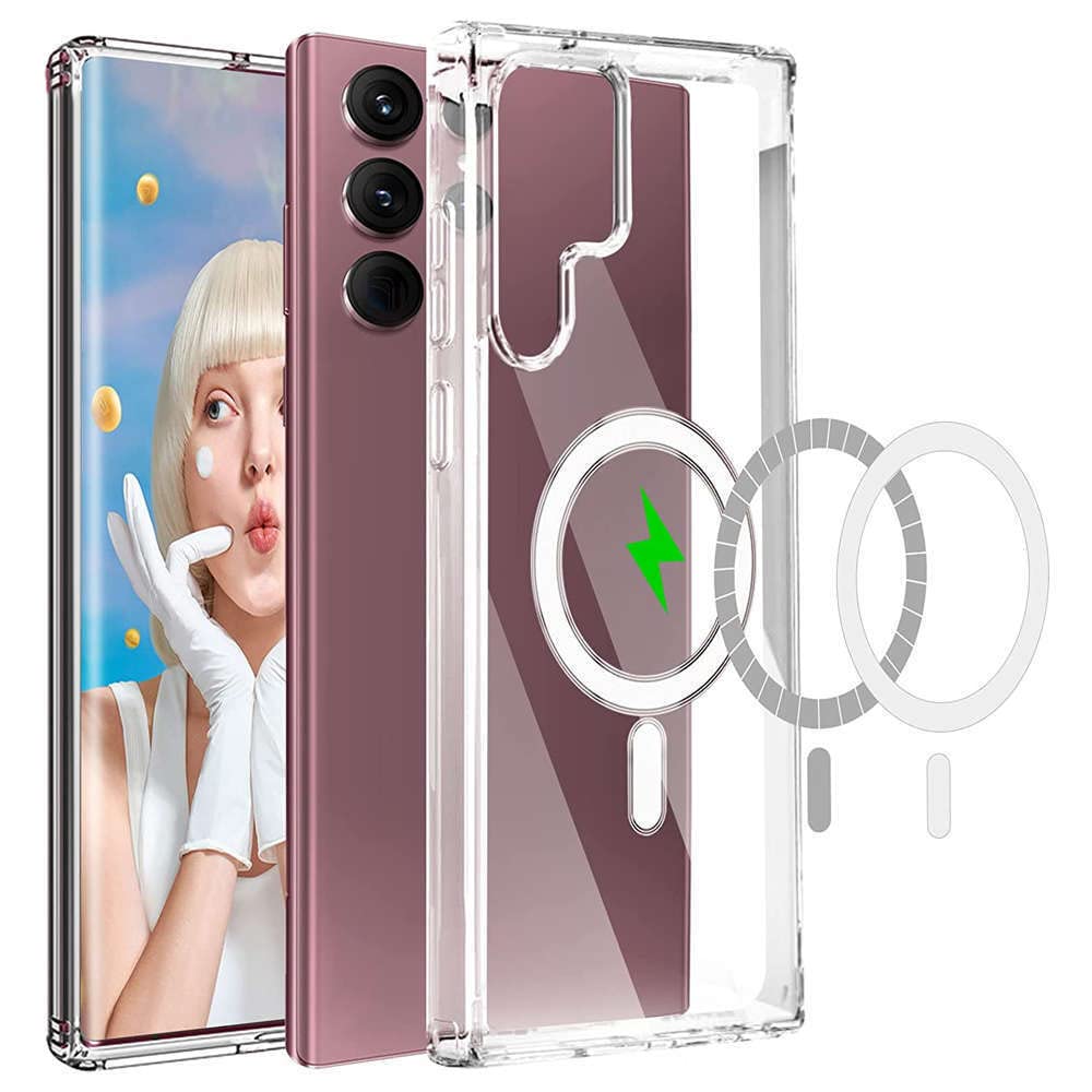 For Samsung Galaxy S22 Ultra 5G MagSafe Compatible Shockproof Transparent Slim Fit Wireless Charging supported Frosted Border Phone Back Case Mobile Cover.