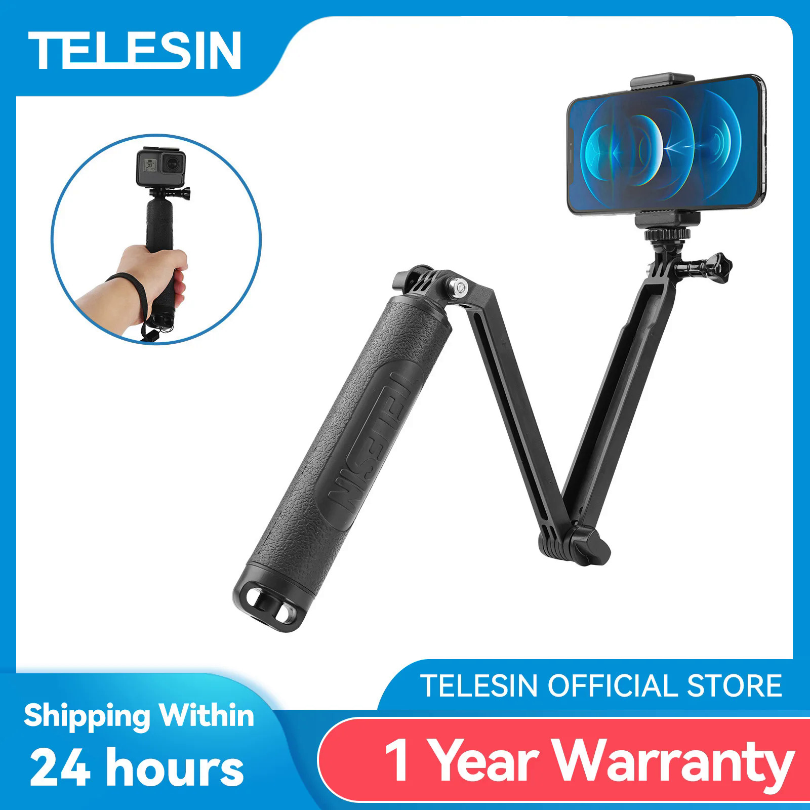 TELESIN Waterproof Selfie Stick Tripod Floating Hand Grip 3 Way Arm Monopod Pole for GoPro 12 11 10 9 8 7 6 Insta360 Osmo Action