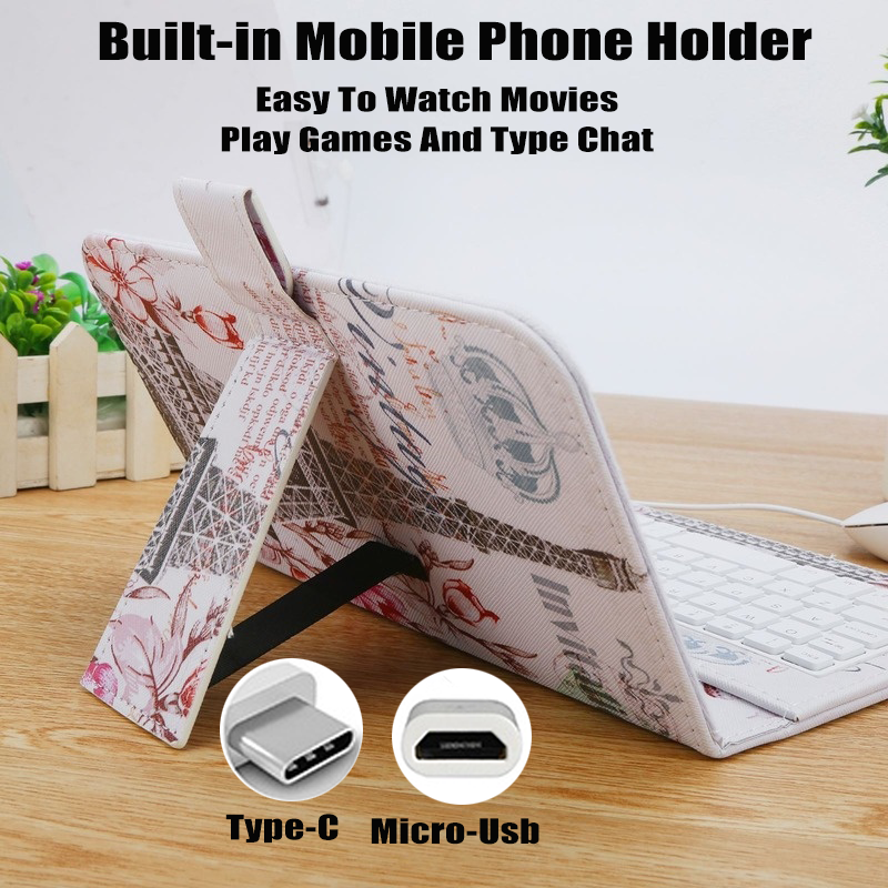 Portable Type-C/Micro-Usb Wired Phone Keyboard Mouse Set With PU Leather Cover ,Phone Keyboard and Mouse for Android With OTG Function For Online Classroom Learning Home Office Android Cellphone Keyboard. 