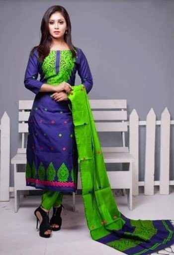 আনস্টিজ স্কিন প্রিন্টেড কটন থ্রি- পিচ ফর ওমেন / Unstitched screen printed cotton three pcs