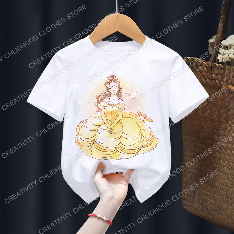 2022 Belle Children T-Shirt Disney Princess Anime T Shirt Clothes Cartoons Fairy Tales Kawaii Casual Top Kid Boy Girl Tee Shirts. 