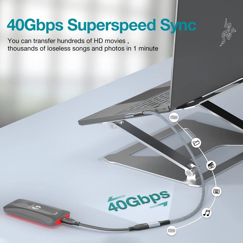 Thunderbolt 3 4 Extension Cable USB C 90 Degree 40Gbps 100W Right Angle Displayport Extender Elbow Wire Type C USB4 Extend Cord. 