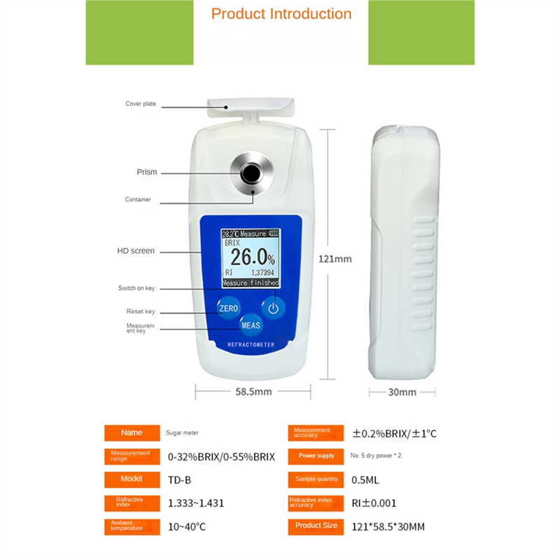 Digital Refractometer Sugar Meter Refractometer Brix Meter Juice Drinks Measuring Range 0-55%. 
