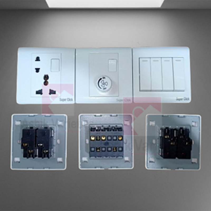 4 Gang Switch Multi Socket with Fan Dimer, Super Click PC Materials, Heavy Duty, Long Lusting with/without 3 Gang PVC Back Part back box. 