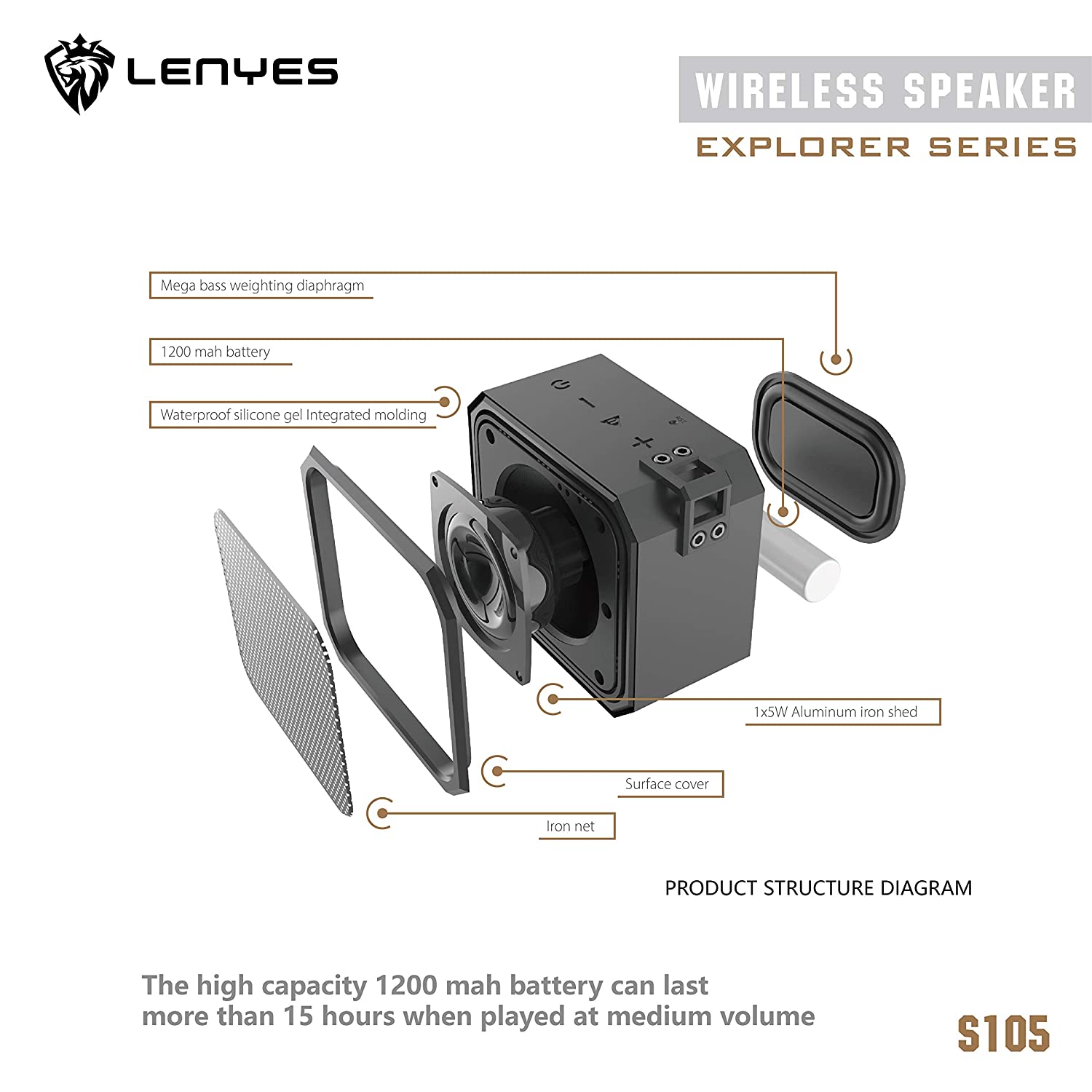 LENYES S105 Military Grade IPX7 Waterproof Bluetooth Speakers, TWS Full Range Loudspeaker Shockproof & Dust-Proof Multiple Protection, Build-in Lithium Battery (Black). 