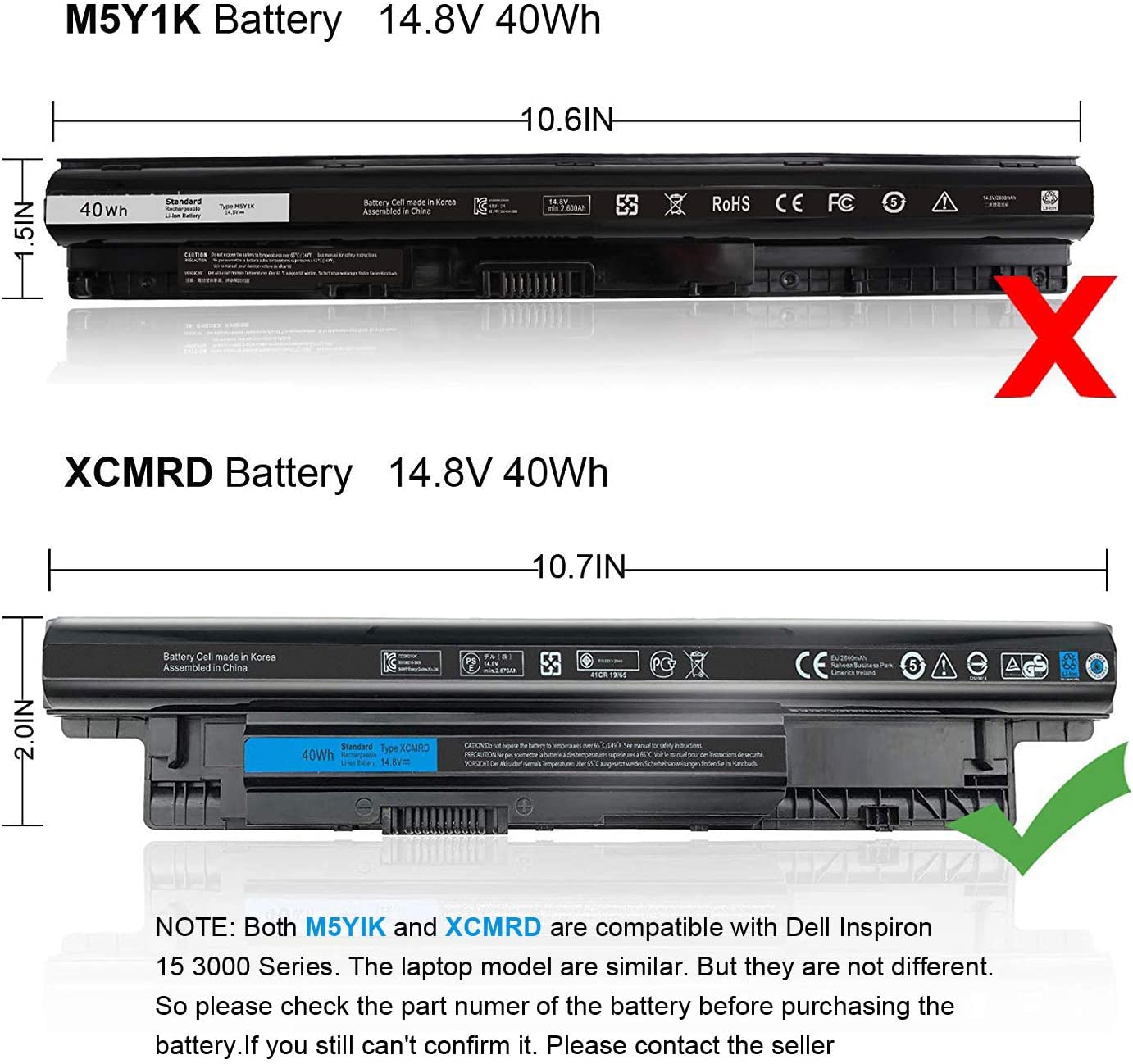 Laptop Battery For XCMRD MR90Y Battery for Del_ Inspiron 14 15 17 14-3421 15-3521 17-3721 5421 3537 5521 5537 3721 5721 2421 2521 14R 15R 17R Series PVJ7J 49VTP YGMTN 8TT5W 9K1VP XRDW2 V1YJ7 (14.8V 32/38/40WH) 4Cell. 