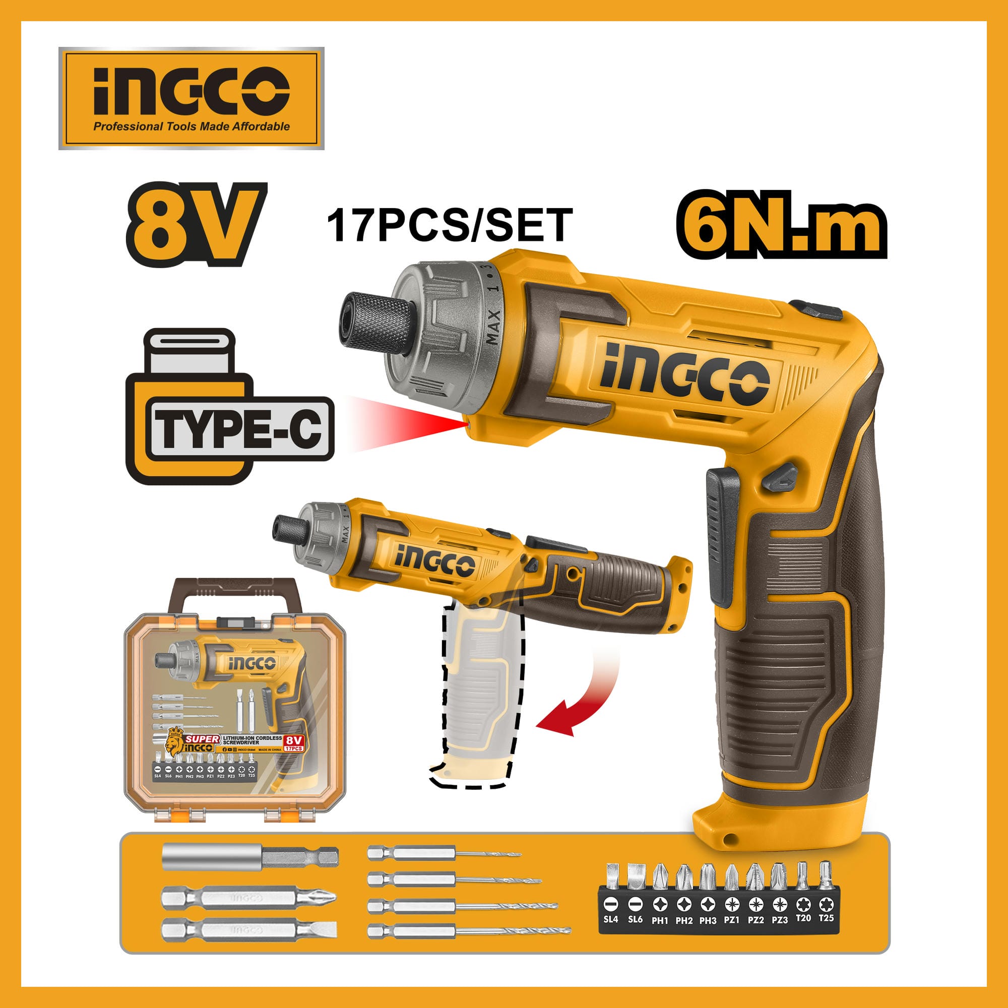 INGCO 8V 6Nm Cordless screwdriver With LED work light CSDLI08025