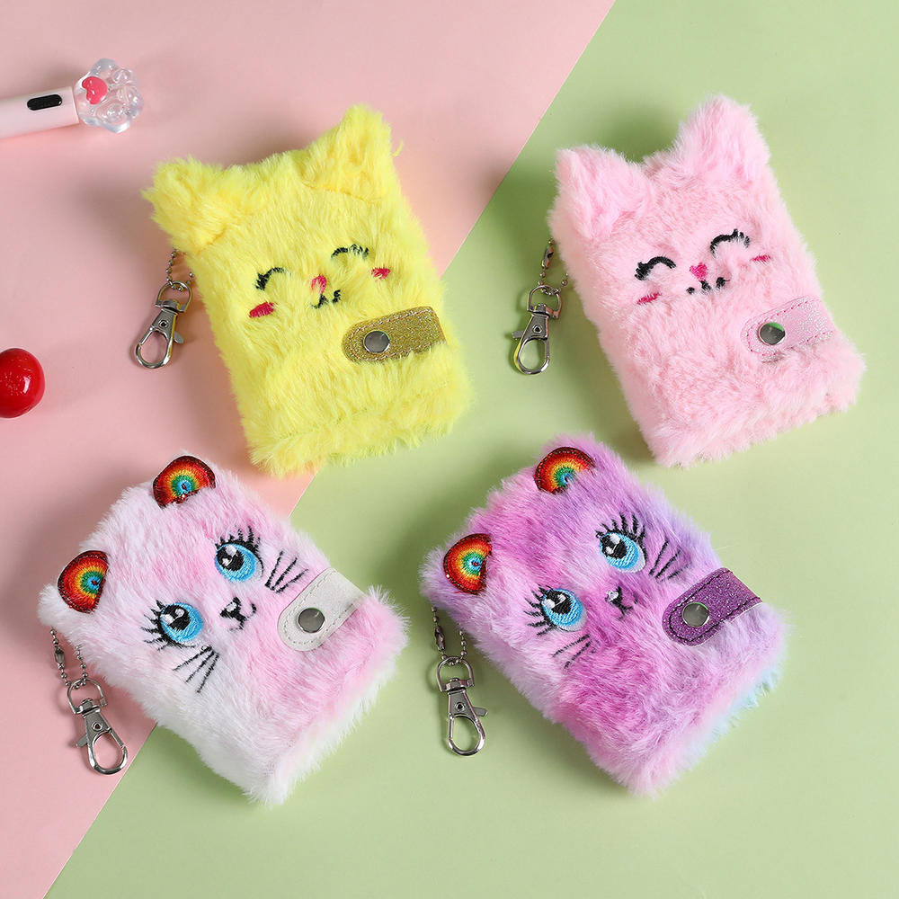 Cute Cat Face Plush Mini Pocket Notebook with Keychain, Kids Girls Boys Writing Drawing Pad Personal Journal Diary Notepad with Blank Inner Papers. 