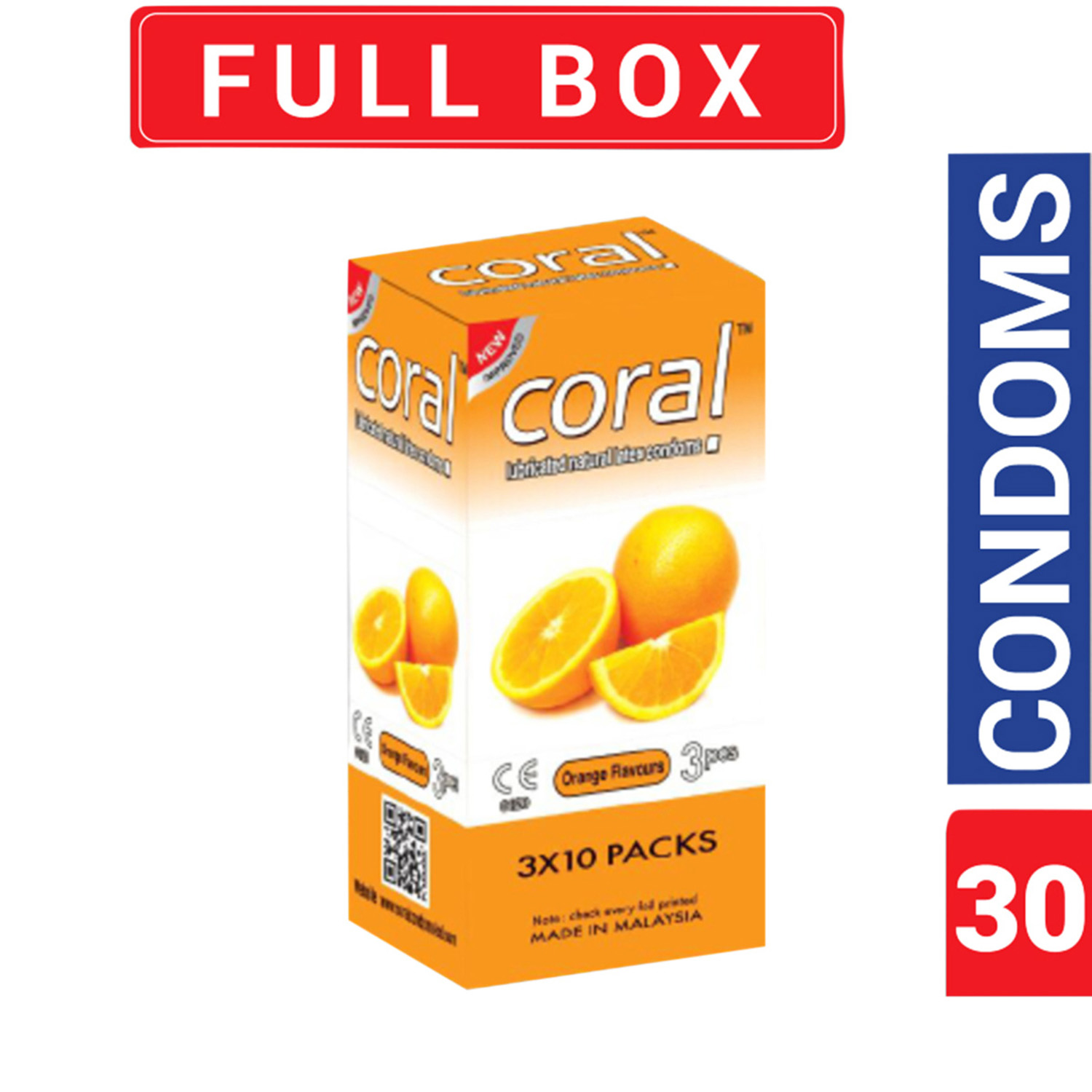 Coral Orange Natural Latex Condom for Men Full Box 30pcs Condom