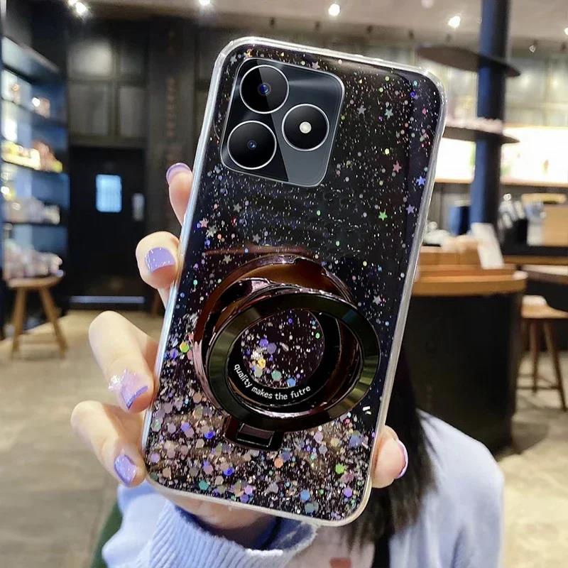 Phone Case for OPPO A40 A40M Luxury Starry Sky with Magnhappyetic Stand Holder Transparent Back Cover Soft TPU casing. 