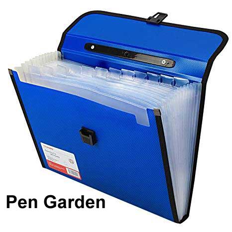 Tranbo / Billy Plastic File Folder with 13 Pockets, Handle, Index Tab, A4 Size (Blue). 