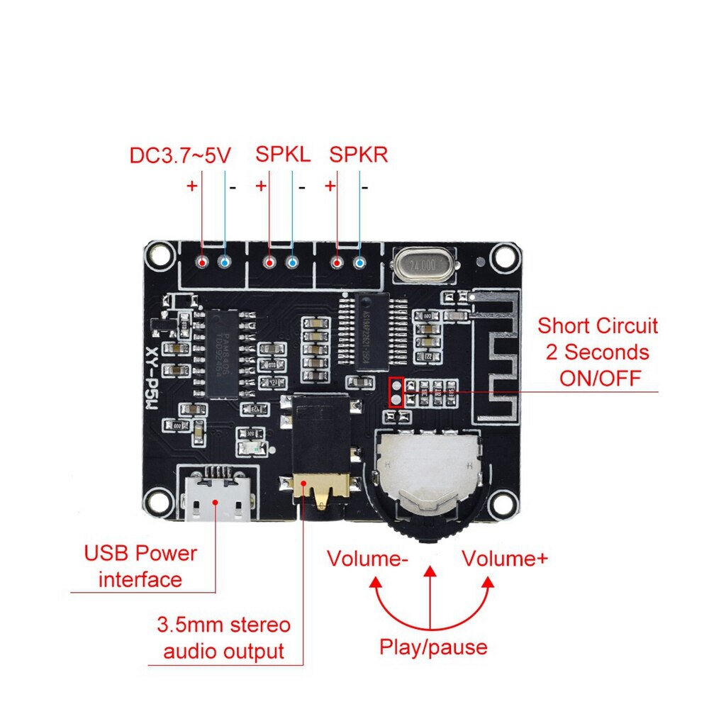 5W+5W PAM8406 Bluetooth 5.0 DC3.7-5V stereo audio power amplifier module XY-P5W for Arduino diy electronics. 