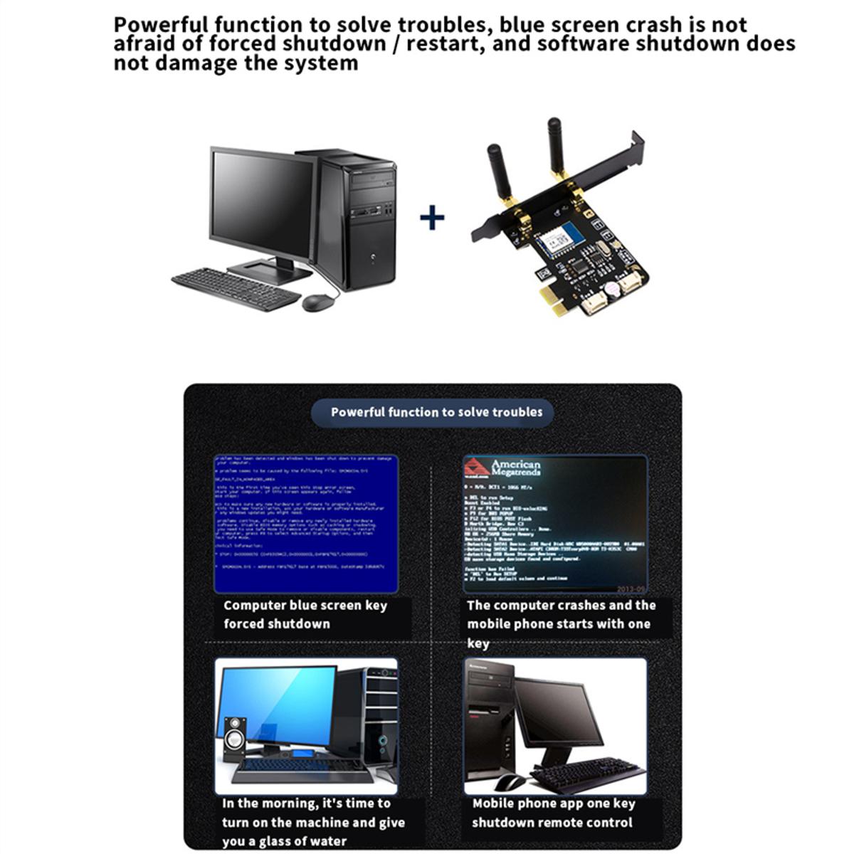 Tuya PCIe Power Reset Card-1 x Computer Remote Boot Card
1 x long baffle (about 120mm long)
2 x antennas
1 x 433Mhz remote control
1 x random post
1 x screw-Black