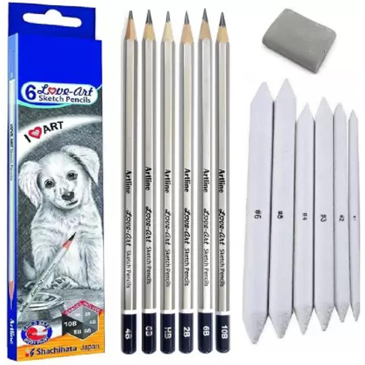 Artline Set Of 6 Sketch Pencils + Blending/Smudging Stumps Set Of 6 (Size 1 To 6) And One Kneadable Eraser For Graphite And Charcoal Pencils - Mechanical Pencil