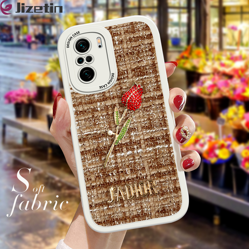 Jizetin for Xiaomi Poco F3 / Redmi K40 / K40 Pro Back Cover Shiny Diamond Rose Fabric Texture Back For Girls Soft Silicone Edge Phone Case