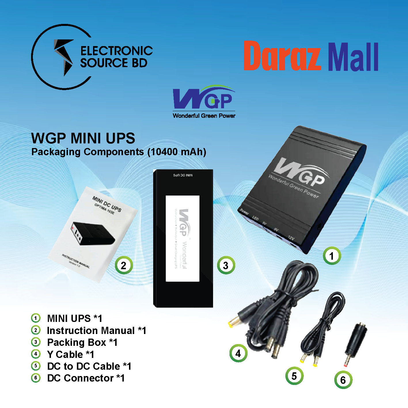 WGP Mini UPS 10400 mAh DC UPS for Router, Onu, CCTV 5 12 12 Volt Output (5,9,12 & Y Cable). 