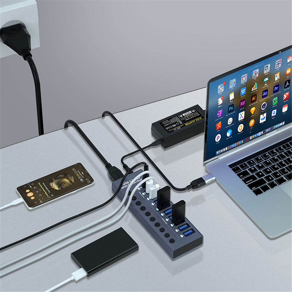 USB 3.0 Hub Socket Switch 10 Port Concentrator Multi-tap Multi-ports Docking Station Charger Multiple Power Supply Multicontacto. 