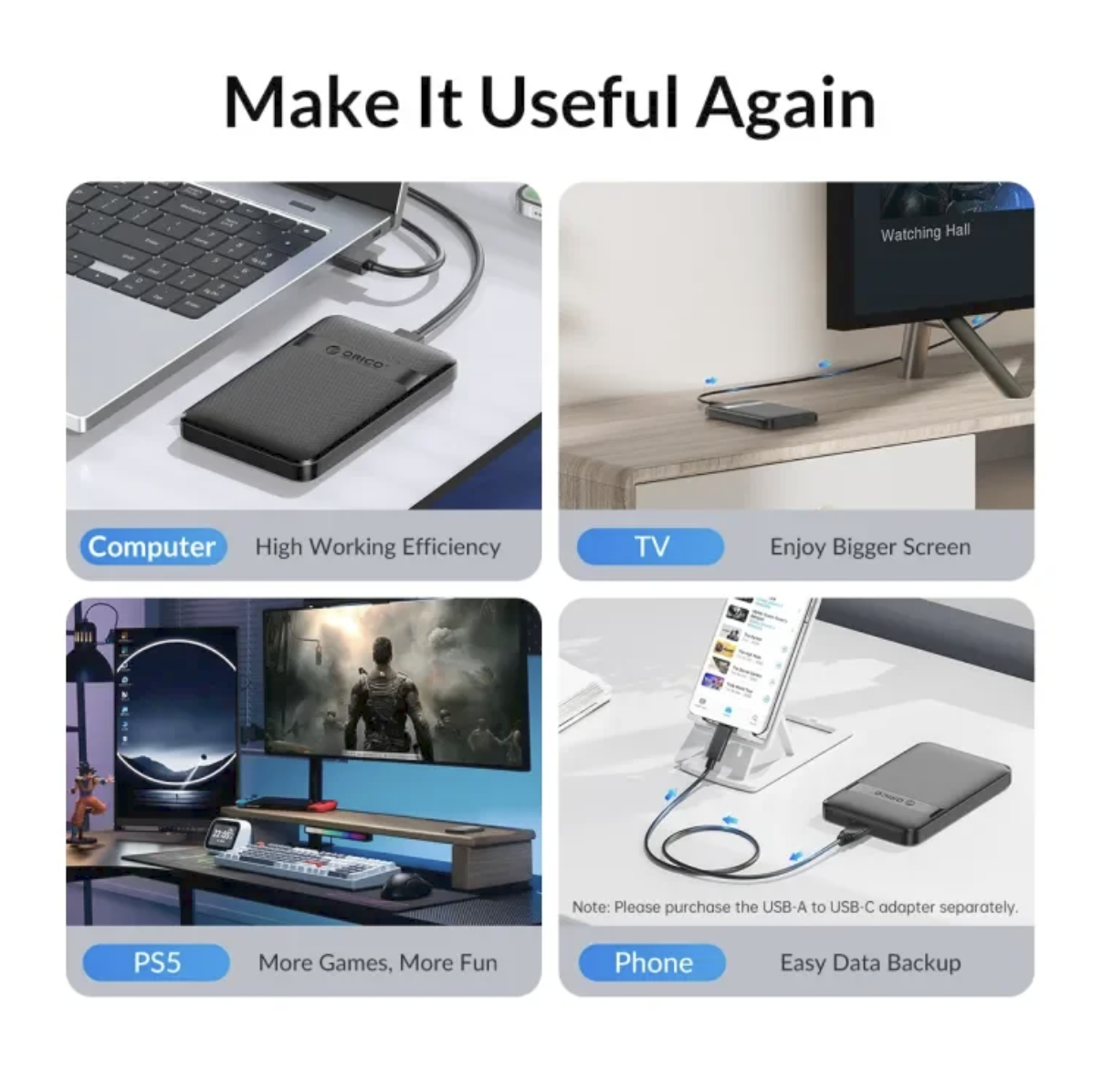 ORICO 2577U3/2577C3 HDD Case 2.5 Inch SATA to USB3.0/Type-C HDD Enclosure 6Gbps Max USB-C External SATA HDD Enclosure Support Auto-Sleep. 
