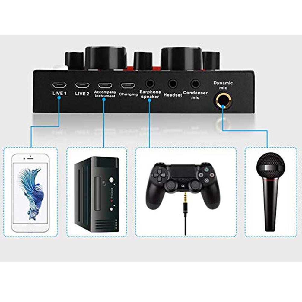V8 Multifunctional Live Sound Card USB Audio Interface Intelligent Volume Adjustable Audio Mixer Sound Card for Recording Hosting Speech. 