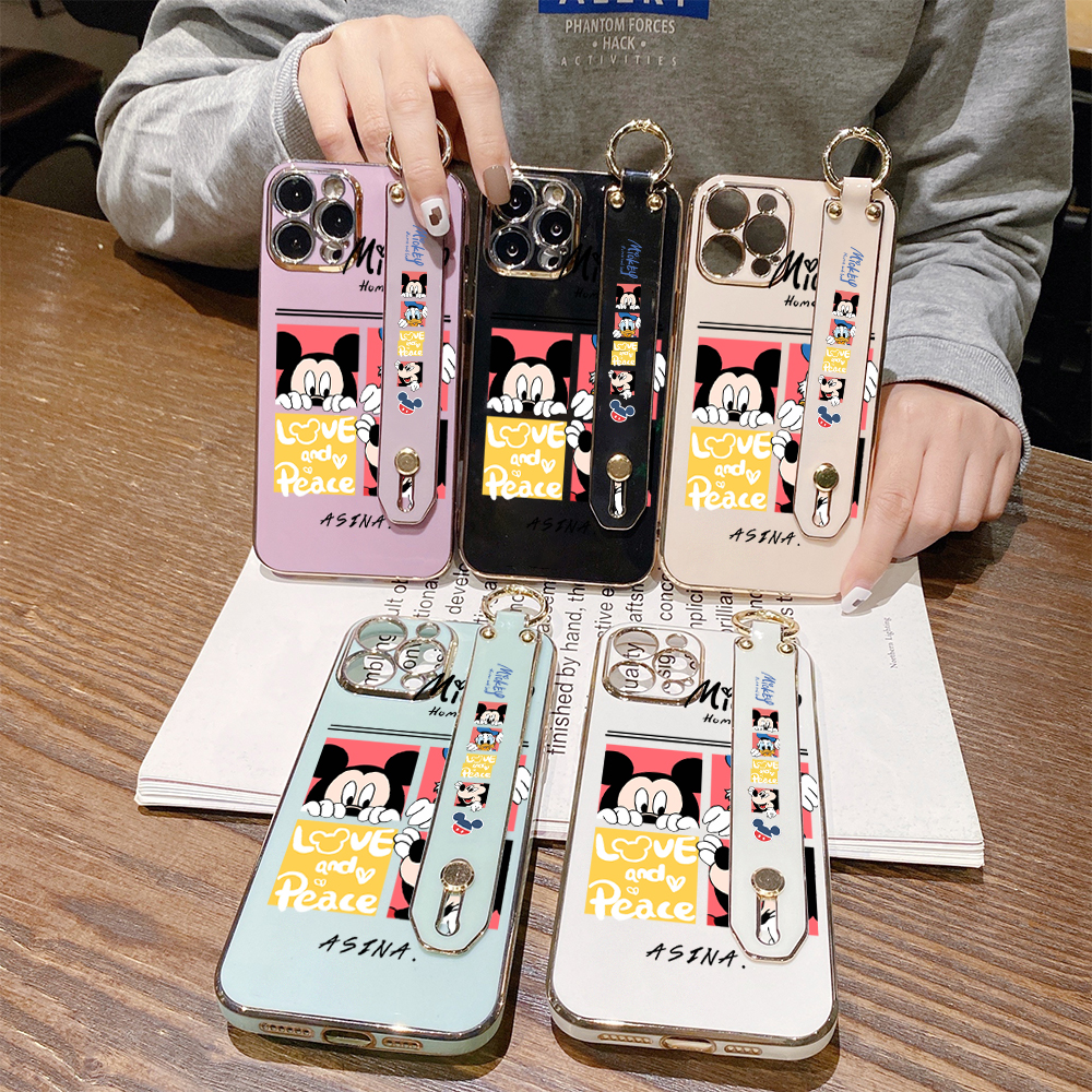 Jizetin for Vivo Y16 Back Cover Lovely Mickey Friends Luxury 6D Plating Wrist Strap Phone Cases Soft Silicone Square Mobile Phone Case. 