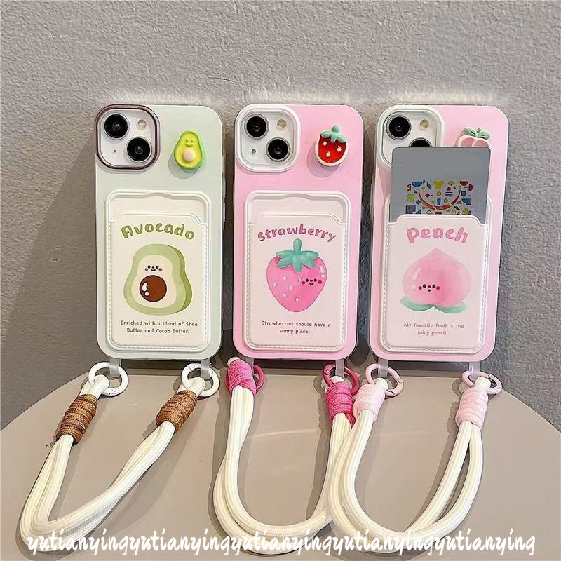 Cartoon Candy Shell Fruit Doodle Peach Avocado Case Compatible for IPhone 11 13 15 14 12 Pro Max XR 7Plus X XS Max 15 8 6s 7 6 Plus SE Luxury Wallet Slot Card Double Lanyard Cover