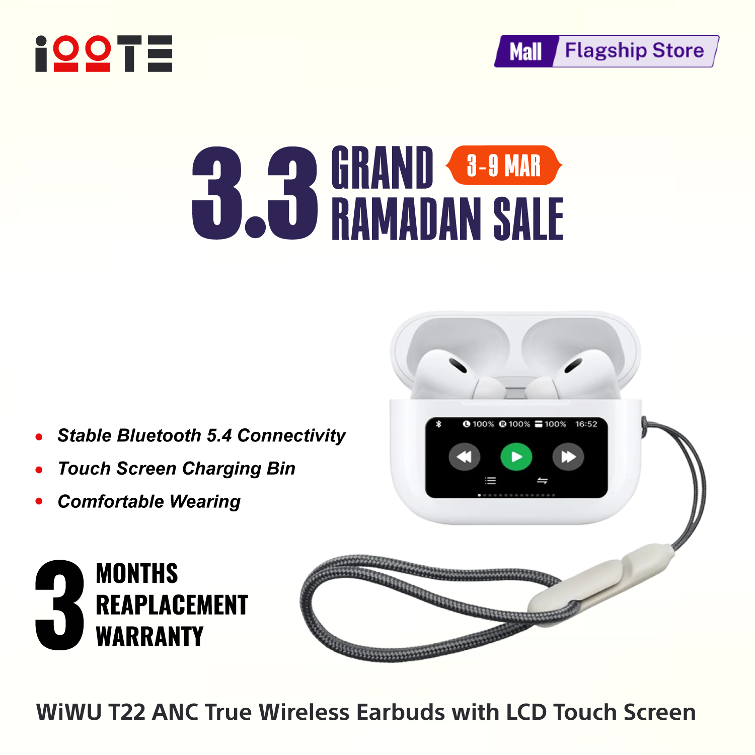 WiWU T22 ANC True Wireless Earbuds with LCD Touch Screen
