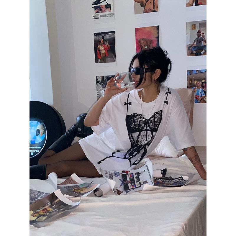 American Street Funny Bikini Print T-shirt Women 24 Summer Design Short Sleeve Round Neck Bottoming Shirt Top. 