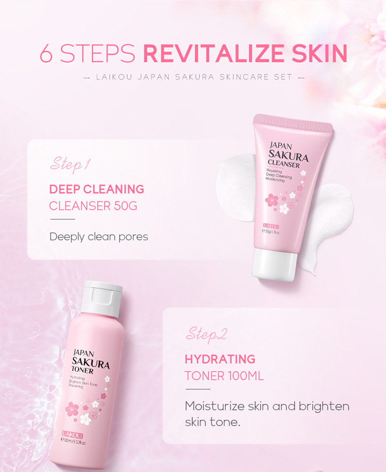 LAIKOU Face Serum Cleanser Lotion Toner Cream Japan Sakura Skin Care Set 6pcs