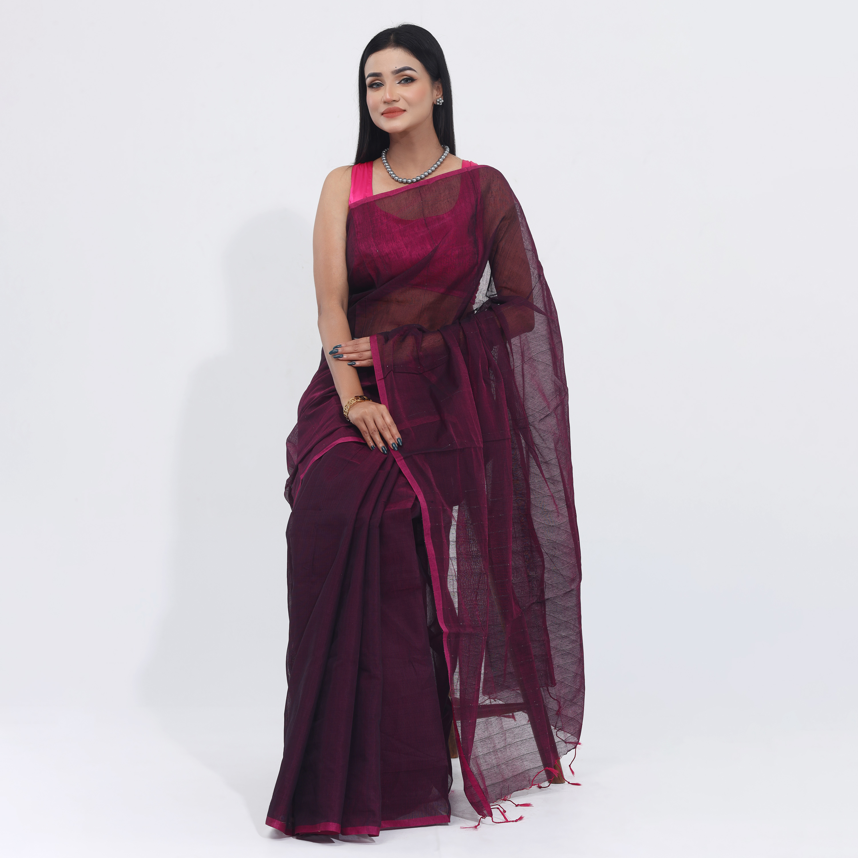 Elegance Redefined-Trendy Collection Tangail Tant Half Silk One Color Chumki Saree -Suitable for Every Season. 