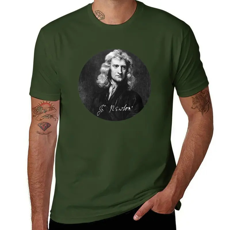 Isaac Newton portrait with signature T-shirt sweat shirts graphic tees kawaii clothes plus size tops mens funny t shirts. 