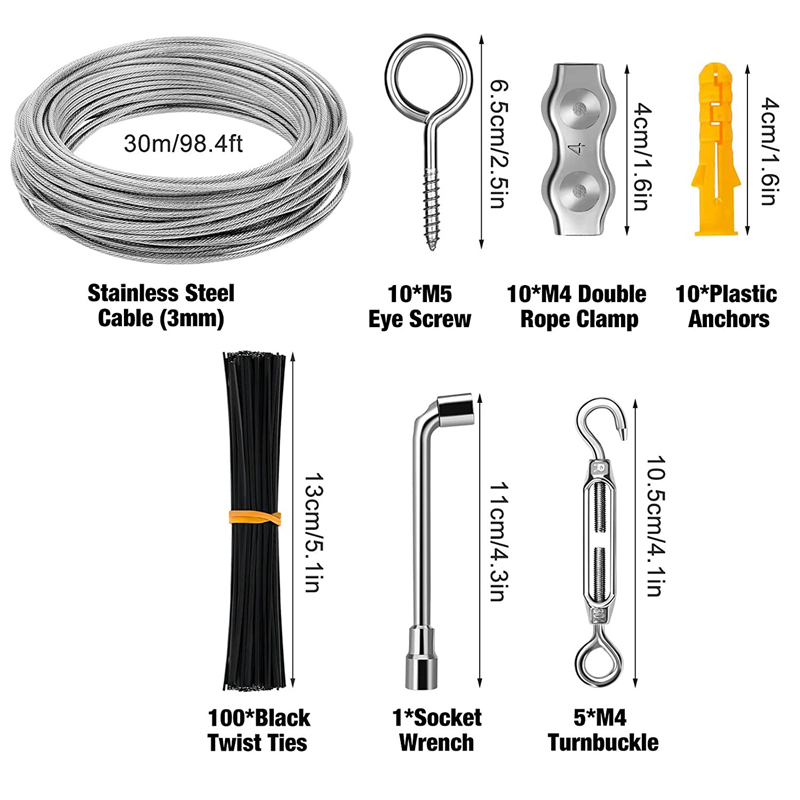 Stainless Steel String Light Hanging Kit Coated Wire Rope with Turnbuckles and Hooks for Deck Railing System Climbing Plants. 