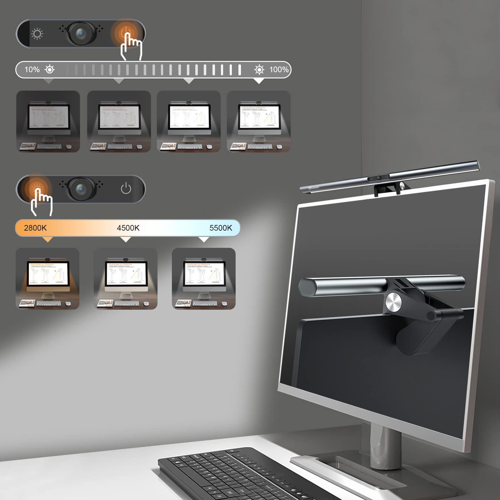 Monitor Light Bar with 1080P Webcam 40cm Touch ScreenBar Computer Lamp Adjustable Brightness and Color Temperature E-Reading. 