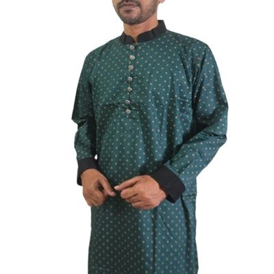 Bottle Green Panjabi for Men_Exclusive Indian Punjabi with Silver Button and Black Sleeves. 