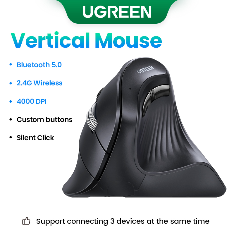 UGREEN Dual-mode Vertical Mouse Mice 2.4G & Bluetooth Vertical Ergonomic 4000DPI Wireless Silent Click Mouse with Laser Engraving Black. 