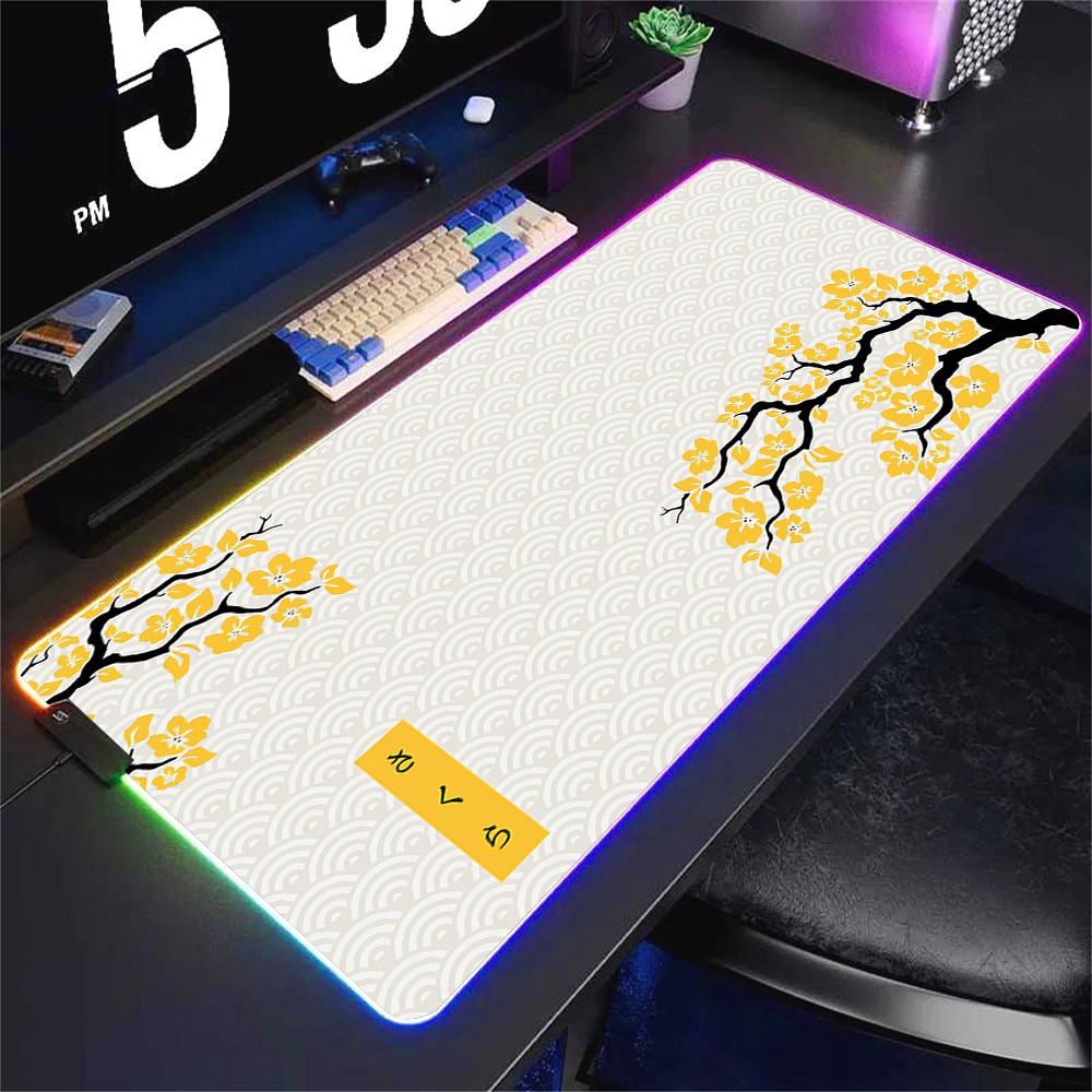 Green and White Sakura Rgb Mouse Pad Gaming Setup Accessories Computer Mat 90x40 Pc Gamer Keyboard Extended Backlight Mouse Mats. 