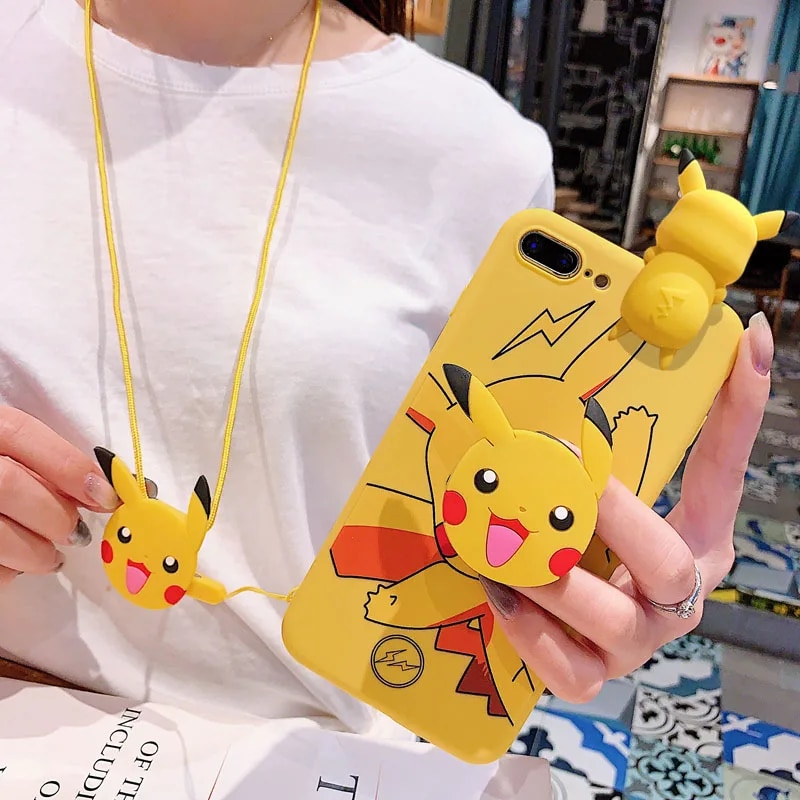 For iPhone 6 6s 7 8 X Xs Max XR 11 12 13 14 15 Pro Max SE Pokemon Pikachu Phone Case With Holder Rope. 